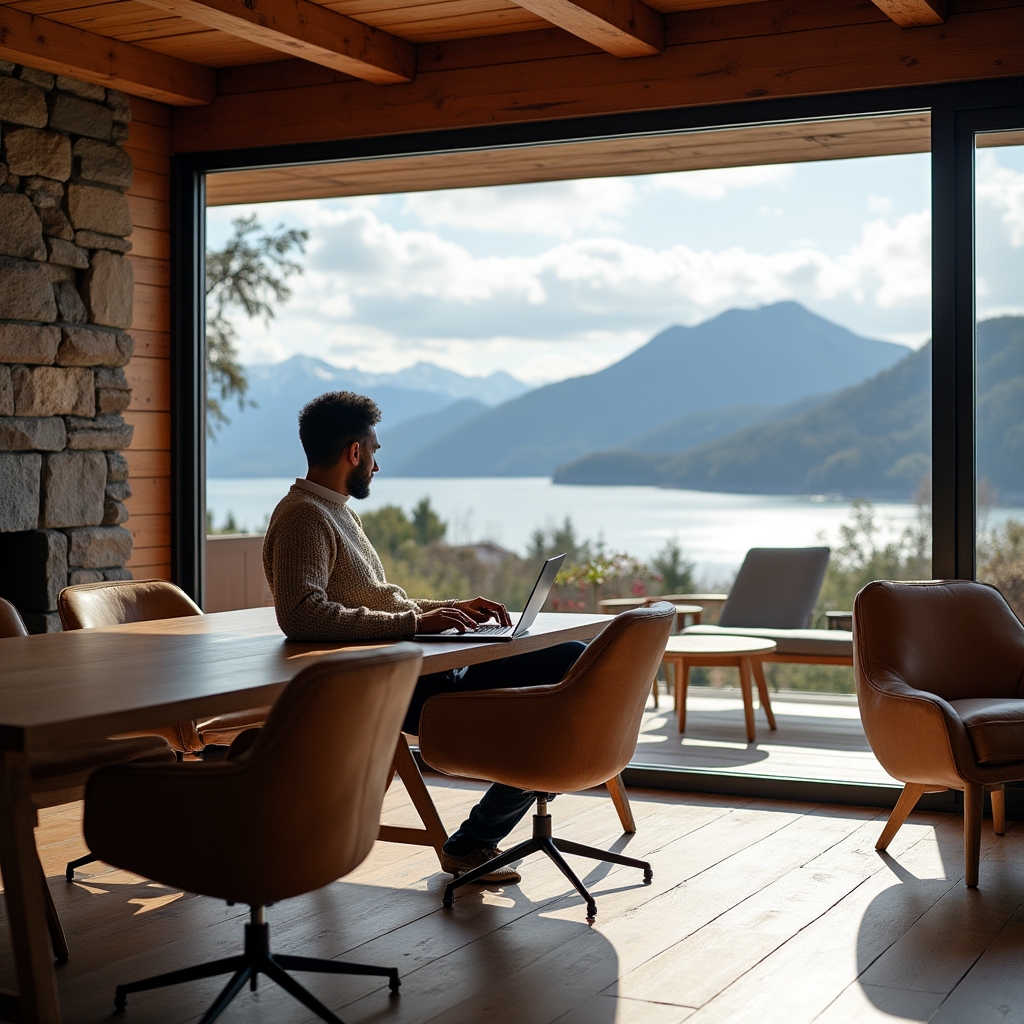Coworking en Bariloche con vista a montañas y grandes ventanales