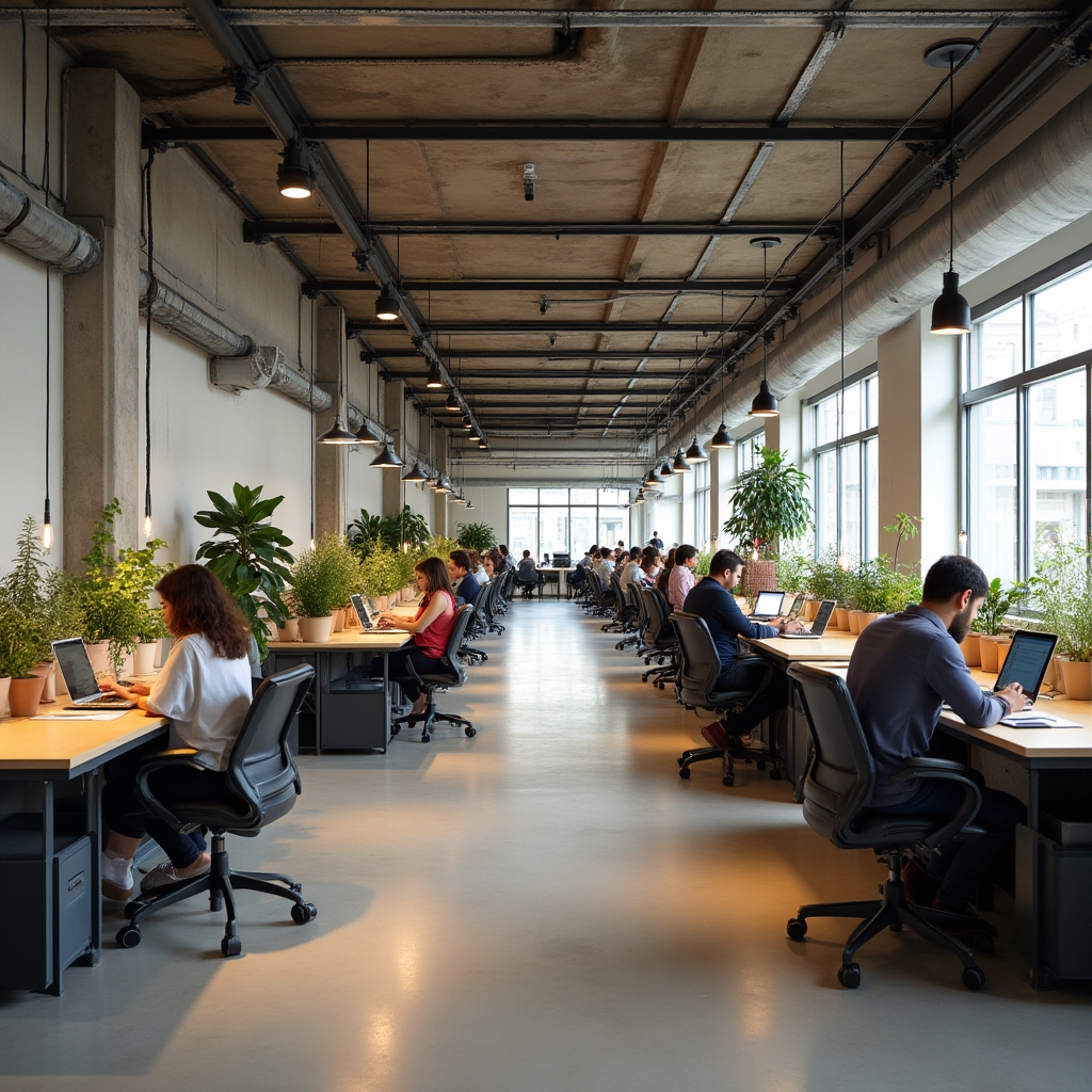 Interior de un coworking moderno en Buenos Aires con luz natural y plantas